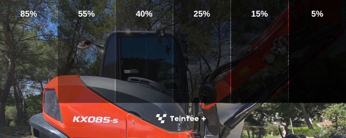 Les différents taux de TLV sur cabine Kubota KX085-5 — Teintée + — 5%, 15%, 25%, 40%, 55%, 85%